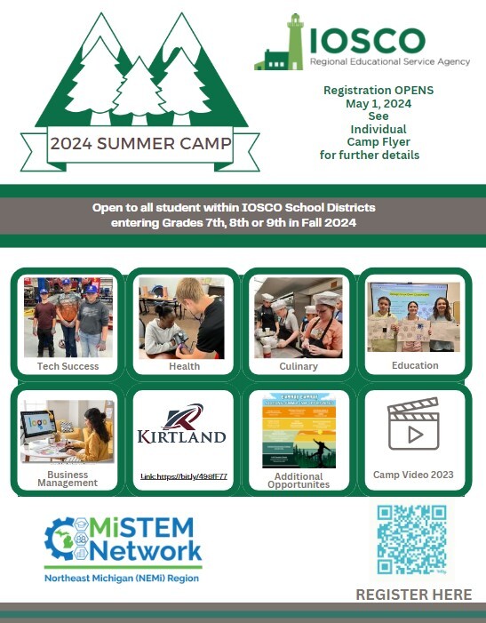 Poster that talks about summer camps available at IRESA. Camps for 7th, 8th, 9th graders in Iosco county school districts:  Tech Success, Culinary, Health Science, Education, Business Management.